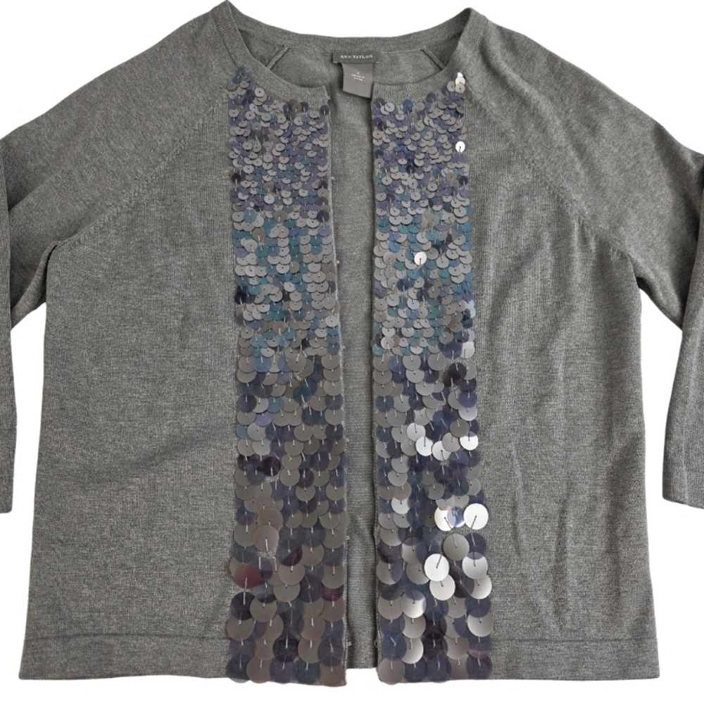 Ann Taylor Silk Dressy Cardigan S Gray Sequin Gradient Ombre 3/4 Sleeve CK-2520